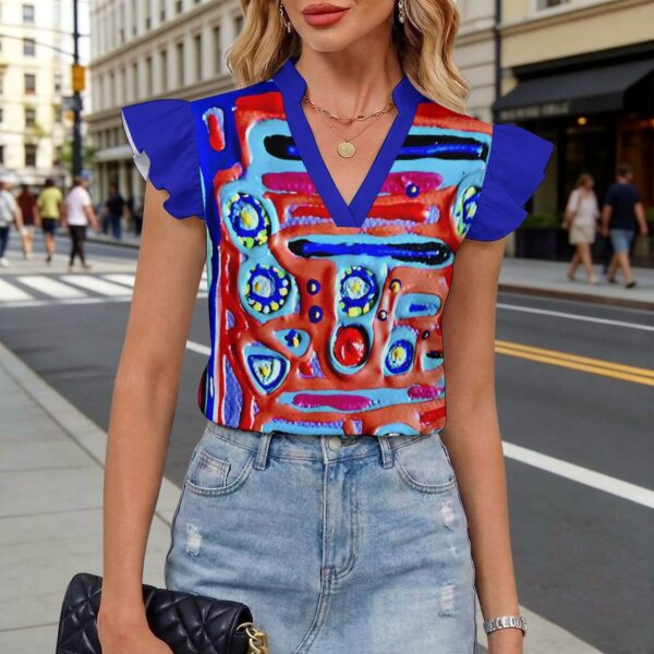 "Blue Symphony" Ruffled V Neck Shirt